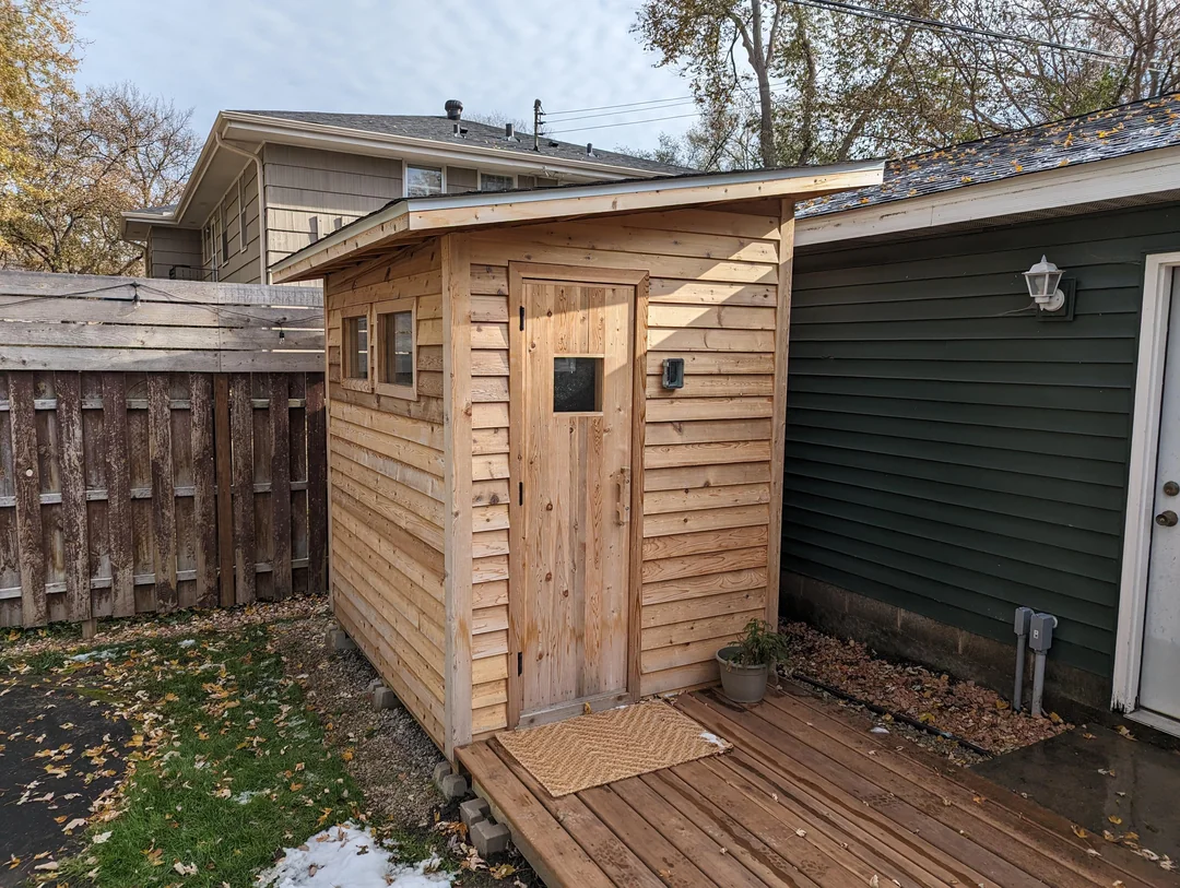 Sauna installation in Sharon Heights backyard